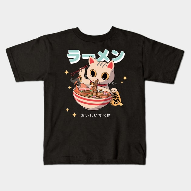 Ramen Tasty Food Neko Cat Japanese Aesthetic Kids T-Shirt by uncommontee